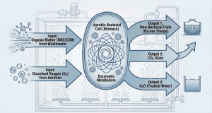 Schematic diagram of the aerobic biological process where bacteria decompose organic waste using oxygen.