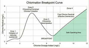 The Breakpoint Chlorination curve shows the relationship between chlorine dosage and the resulting residual, crucial for medical waste disinfection.