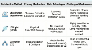 Comparison table of Chlorination, UV, and Ozonation disinfection methods for medical wastewater treatment.