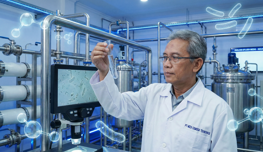 PT Mizui Osmosa's senior environmental scientist analyzing a sample from the medical liquid waste treatment system.