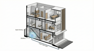 Isometric cross-section illustration of a 3-story clinic shophouse building, showing the space-saving portable WWTP installation position under the stairs and the wastewater pipeline routing.