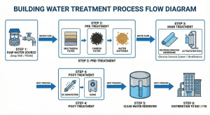 Process flow diagram of a water treatment plant (WTP) system for high-rise buildings, from raw water source to clean water and drinking water distribution.