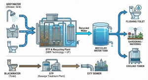 Infographic of a building wastewater recycling system schematic for reuse in toilet flushing and plant watering.