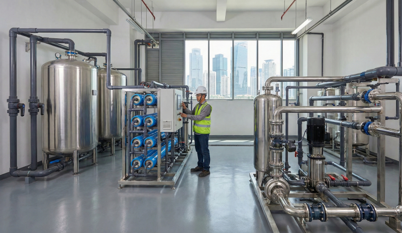 PT Mizui Osmosa Jakarta water treatment contractor's machine room in a high-rise building with a modern filtration and RO system.