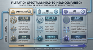 Specification comparison table of Sand Filter vs. Ultrafiltration vs. Reverse Osmosis