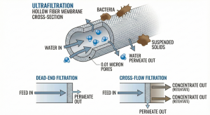 Diagram of the ultrafiltration membrane working principle for filtering bacteria and the dead-end vs. cross-flow mechanisms.