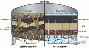 Illustration comparing the condition of the filter media before and after the retrofit.