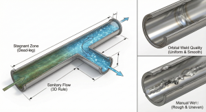 3D technical illustration showing the dead-leg area on a pipe branch and the smooth quality of an orbital welding joint.