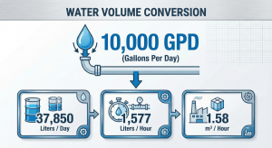 Infographic of 10000 GPD RO machine capacity conversion to liters per hour and cubic meters.