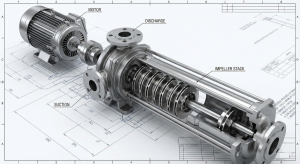Technical exploded view drawing of a stainless steel multistage pump for industrial RO machines.