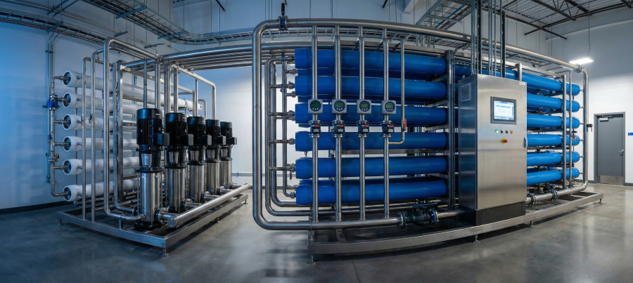 10000 GPD Industrial Reverse Osmosis System installed with stainless steel piping.
