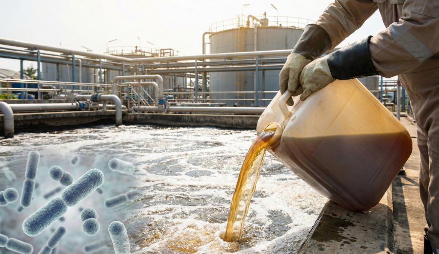 A technician pours liquid wastewater degrading bacteria into the WWTP aeration tank to eliminate odors and reduce COD.