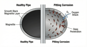 Difference between a healthy boiler pipe and a pipe affected by pitting corrosion due to dissolved oxygen.