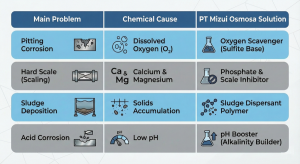 Table of boiler chemical functions for overcoming corrosion, scale, and pH issues.