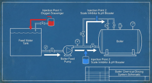 Schematic of chemical dosing injection points in an industrial boiler system.