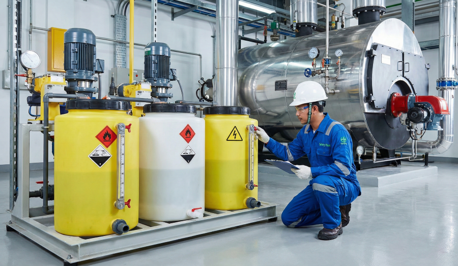 Automatic boiler water treatment chemical injection system in industrial plants