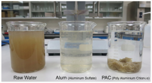 Photo of jar test results for PAC dosage turning turbid water clear.