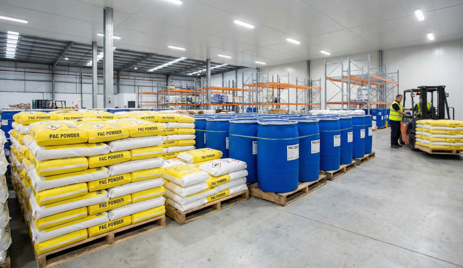 PT Mizui Osmosa industrial PAC coagulant supplier warehouse stocking drums and sacks.