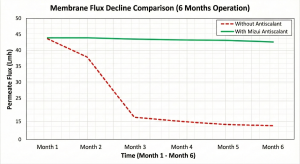 RO membrane flux comparison graph with antiscalant