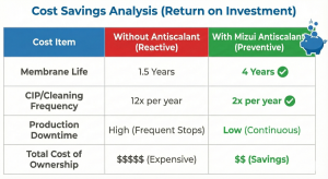 RO operational cost comparison table with antiscalant