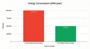 Energy consumption comparison graph of surface aerator vs. fine bubble diffuser