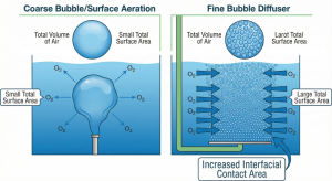 Illustration of mass transfer comparison between large bubbles vs. fine bubbles.