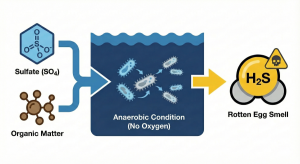 Diagram of the H2S gas formation process causing wastewater odor under anaerobic conditions.