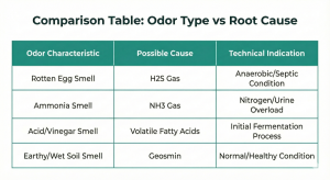 Diagnostic table of wastewater odor types and their technical causes.