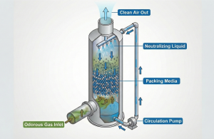 Working diagram of a wet scrubber to eliminate industrial wastewater odor.