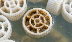 MBBR media with a bacterial biofilm layer for wastewater treatment