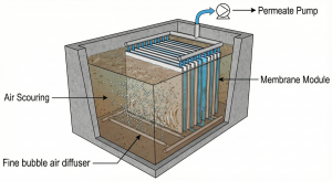 Technical diagram of a submerged Membrane Bioreactor (MBR) system