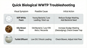 Troubleshooting guide table for common WWTP problems.