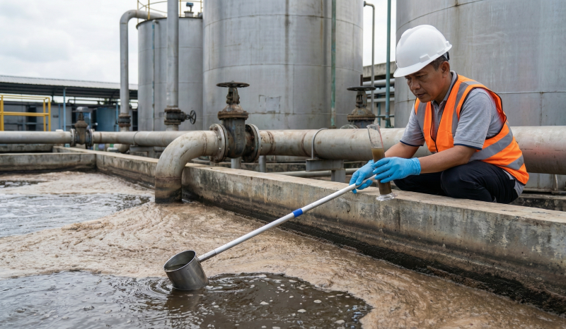 The Mizui Osmosa engineering team performs diagnostics for problematic WWTP repair services in the aeration pond.