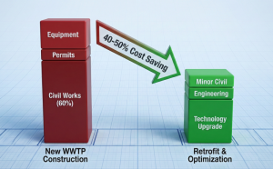 Investment cost comparison graph of new WWTP construction vs. WWTP retrofit.