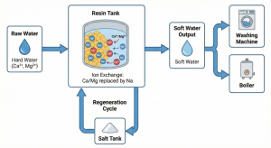 Flowchart of how a water softener system works and the function of regeneration salt.