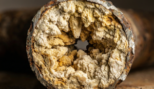 Boiler tubes clogged with thick limescale due to not using a water softener.