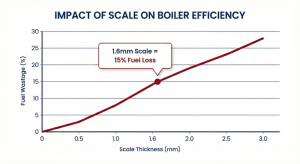 Graph of the relationship between boiler scale thickness and fuel waste.