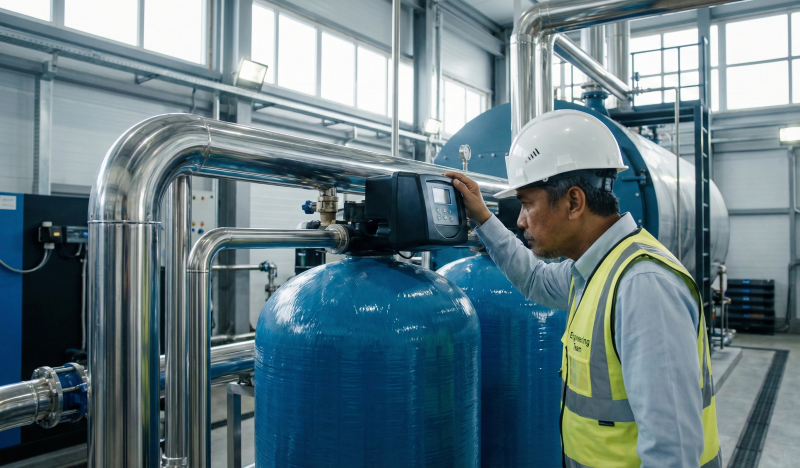 Duplex system industrial boiler water softener installation services for manufacturing plants.