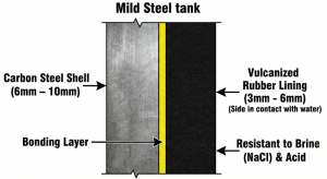Diagram of rubber lining layers on a mild steel softener tank