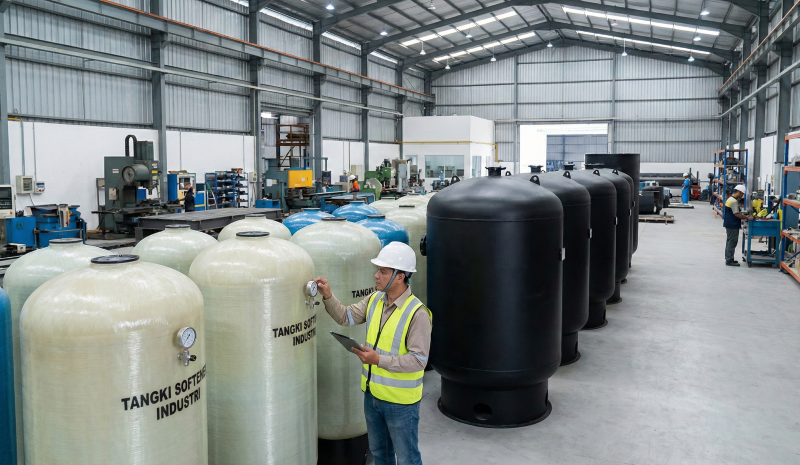 Warehouse stock of FRP and Mild Steel Rubber Lined industrial softener tanks ready to ship.