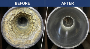 Comparison of a boiler pipe full of limescale vs. a clean pipe using an industrial water softener plant.