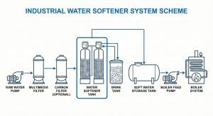 Schematic flow diagram of an industrial water softener system from raw water to the boiler.