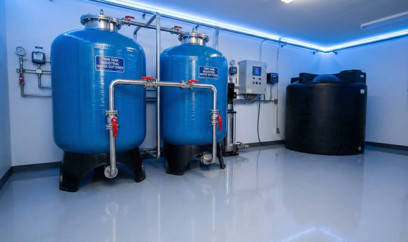Twin tank industrial water softener system with stainless steel piping in a modern factory utility room.
