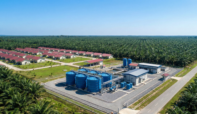 Palm oil plantation clean water treatment system and water filter tanks near employee housing.