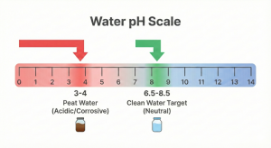 Diagram of the peat water pH scale vs. the Ministry of Health standard clean water.