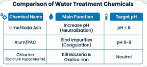 Table of chemical functions for peat water treatment.