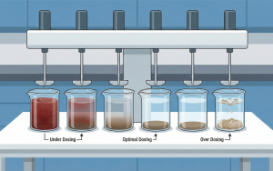 Jar test process to determine the chemical dosage for peat water.