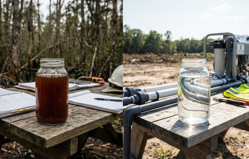 Comparison of red peat water before and after the chemical purification process.