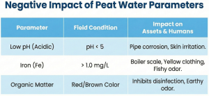 Table of the negative impacts of low pH, high iron, and organic matter in peat water on assets and health.