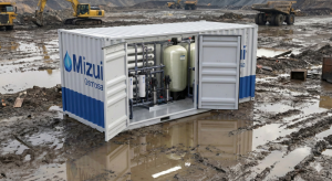 Illustration of a mobile Mizui Osmosa Containerized WTP unit at a remote mining site.